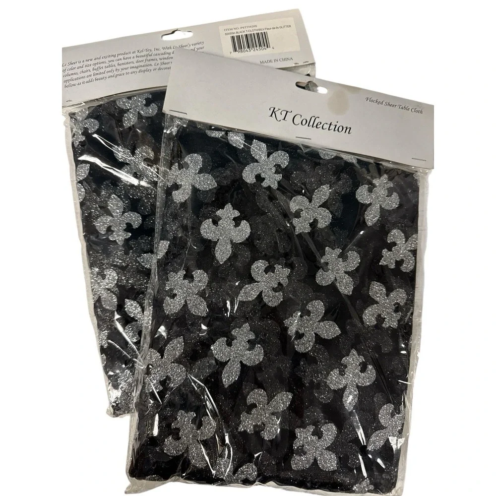 2 Black Flocked Sheer organza Fleur De LIS Silver Glitter 55